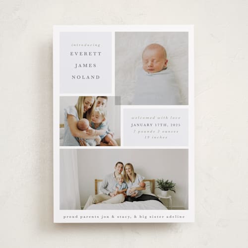 This is a dusty blue birth announcements with standard by Julie Murray called love multiplies printing on smooth signature in standard