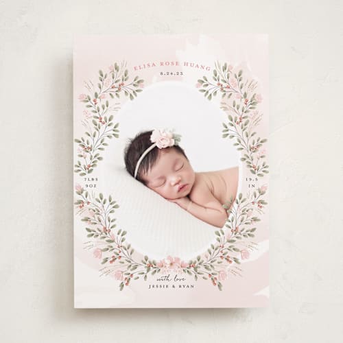 This is a blush birth announcements with standard by Susan Moyal called sweet floral vine printing on recycled smooth signature in standard