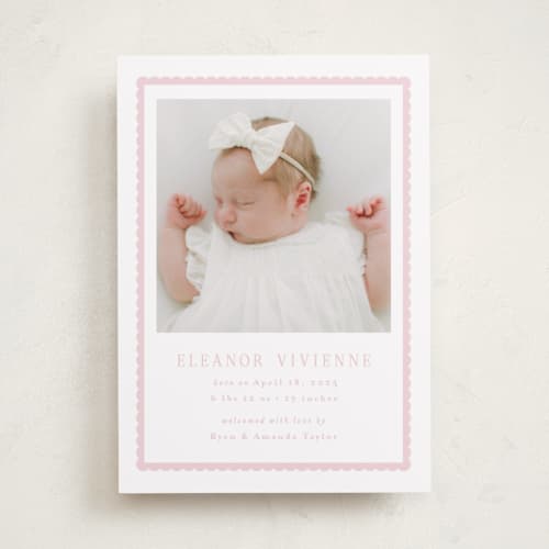 This is a petal birth announcements with standard by Emily Betts called sweetest scallop printing on recycled smooth signature in standard