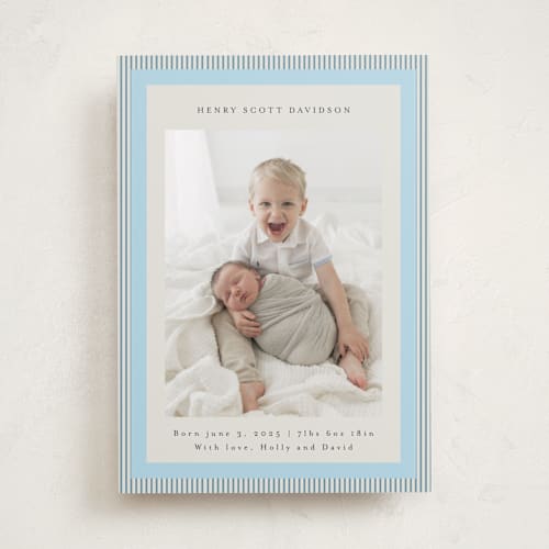 This is a powder blue birth announcements with standard by Jackie Crawford called modern striped frame printing on smooth signature in standard
