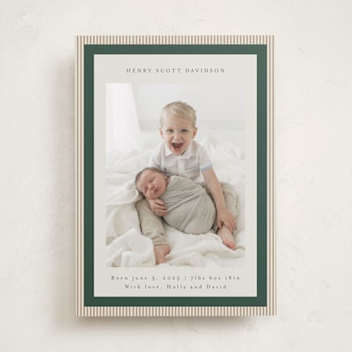 This is a forest birth announcements with standard by Jackie Crawford called modern striped frame printing on recycled smooth signature in standard