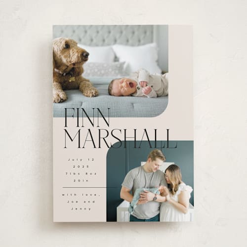 This is a linen birth announcements with standard by Kelly Schmidt called happy overlay printing on smooth signature in standard