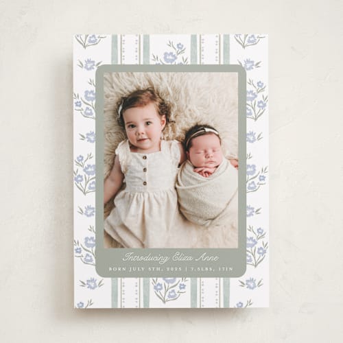 This is a periwinkle birth announcements with standard by Jackie Crawford called cottage watercolor ribbon printing on smooth signature in standard