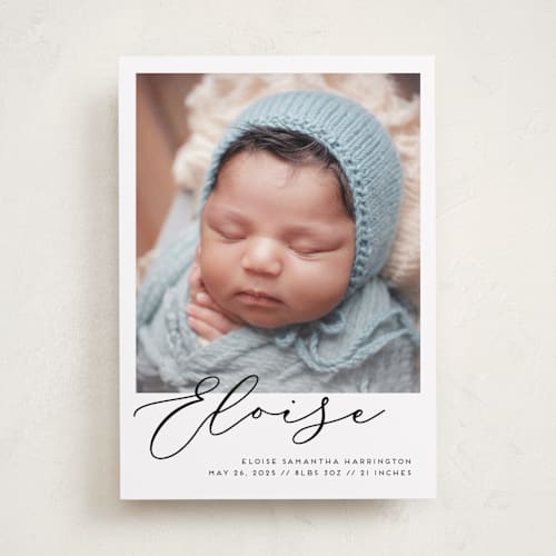 This is a onyx birth announcements with standard by Genna Blackburn called first-name basis printing on recycled smooth signature in standard