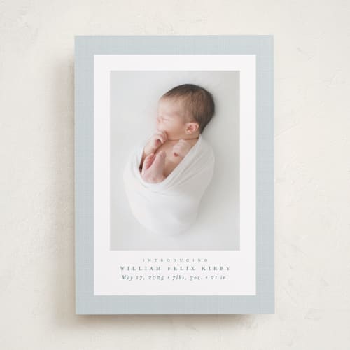 This is a powder birth announcements with standard by Lea Delaveris called linen frame printing on recycled smooth signature in standard