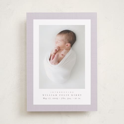 This is a lilac birth announcements with standard by Lea Delaveris called linen frame printing on smooth signature in standard