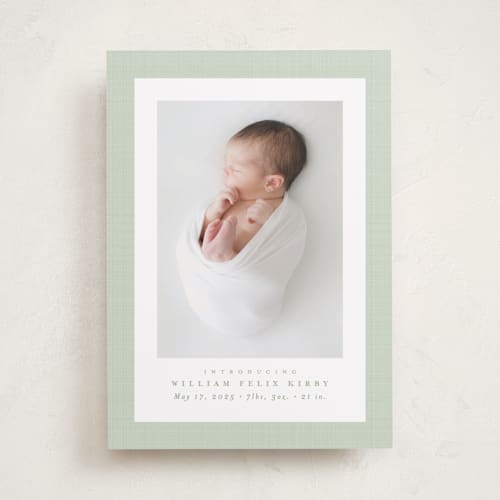 This is a moss birth announcements with standard by Lea Delaveris called linen frame printing on recycled smooth signature in standard
