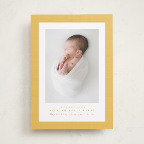 This is a mac and cheese birth announcements with standard by Lea Delaveris called linen frame printing on recycled smooth signature in standard