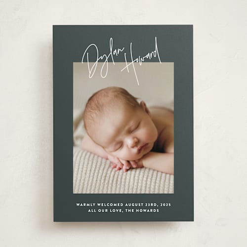 This is a hunter birth announcements with standard by JoAnn Jinks called headline printing on smooth signature in standard