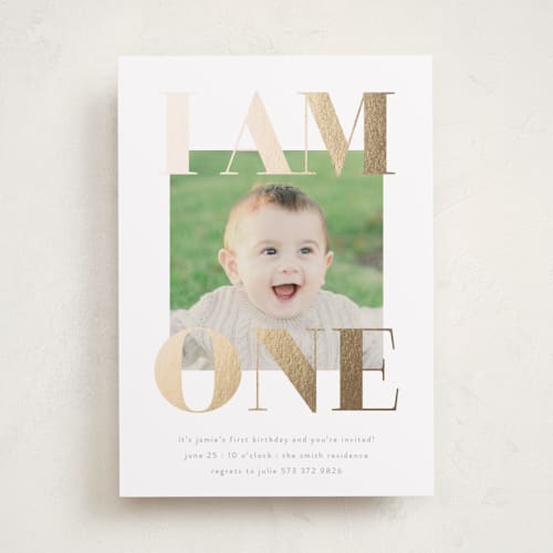 This is a goldenrod kids birthday invitations with foil pressed by Phrosné Barwood called i am one printing on smooth signature in standard