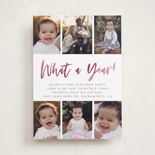 This is a bubblegum kids birthday invitations with foil pressed by Christie Garcia called birthday shots printing on smooth signature in standard