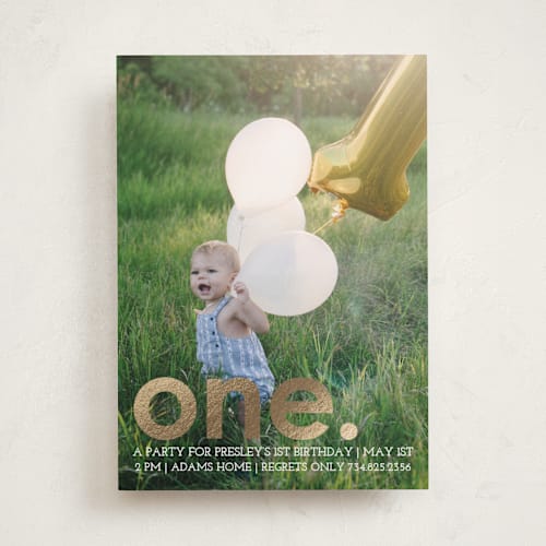 This is a gold kids birthday invitations with foil pressed by Denise Malacrea called colorful one printing on smooth signature in standard