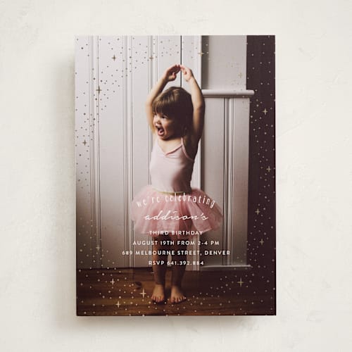 This is a gold kids birthday invitations with foil pressed by Angela Garrick called pixie printing on smooth signature in standard