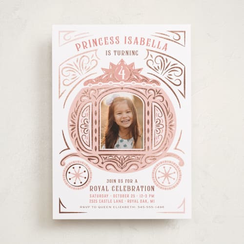 This is a ballerian pink kids birthday invitations with foil pressed by Paper Sun Studio called princess carriage printing on smooth signature in standard