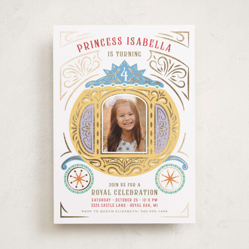 This is a mardi gras kids birthday invitations with foil pressed by Paper Sun Studio called princess carriage printing on smooth signature in standard