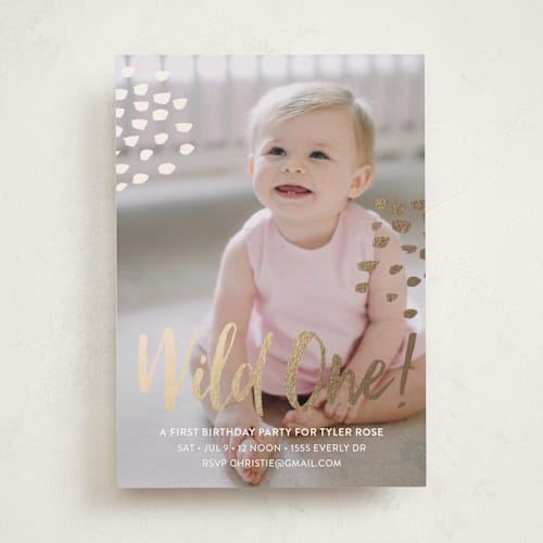 This is a snow kids birthday invitations with foil pressed by Christie Garcia called wild one! printing on smooth signature in standard