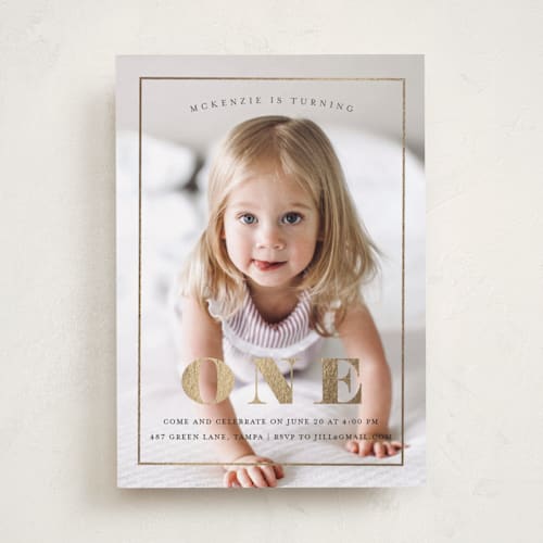 This is a ebony kids birthday invitations with foil pressed by Kasia Labocki called turning one printing on recycled smooth signature in standard