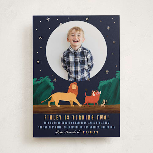 This is a midnight kids birthday invitations with foil pressed by Elly called disney's lion king hakuna matata printing on recycled smooth signature in standard