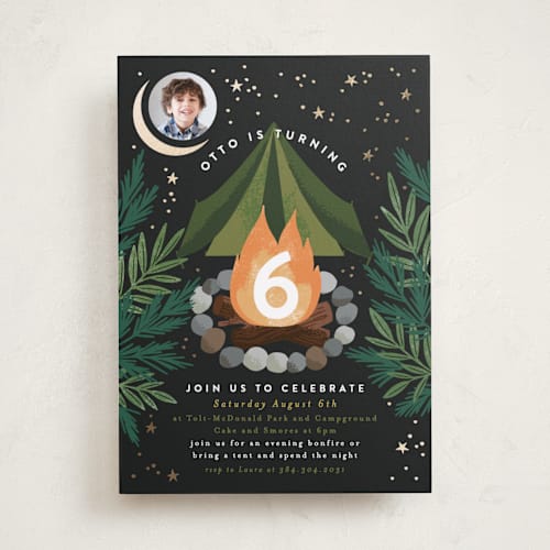 This is a onyx kids birthday invitations with foil pressed by Alethea and Ruth called bonfire printing on smooth signature in standard