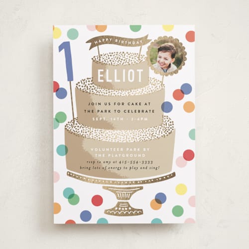 This is a champagne kids birthday invitations with foil pressed by Alethea and Ruth called foil cake printing on smooth signature in standard
