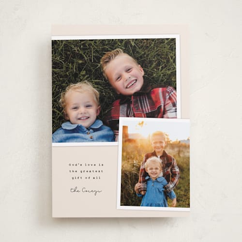This is a cream photo christmas cards with standard by Sara Hicks Malone called god's love printing on recycled smooth signature in standard