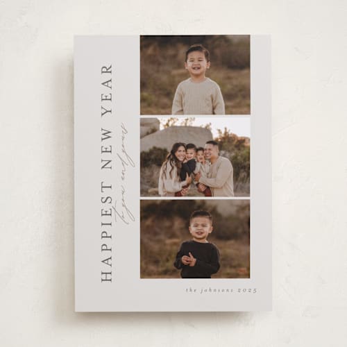 This is a cobblestone photo christmas cards with standard by Nicole Walsh called joyous trio printing on recycled smooth signature in standard