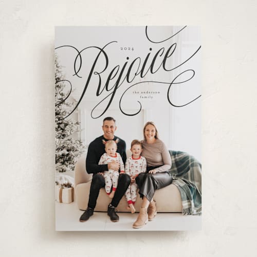 This is a tuxedo photo christmas cards with standard by Stacy Maalouf called elegant rejoice script printing on recycled smooth signature in standard