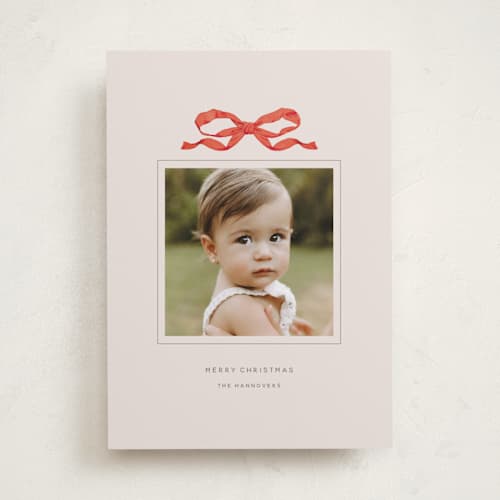 This is a coral photo christmas cards with standard by Olivia Kanaley Inman called taffeta bow printing on recycled smooth signature in standard