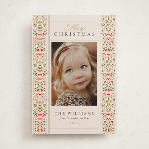 This is a original photo christmas cards with standard by leslie hamer called ornate scroll printing on recycled smooth signature in standard