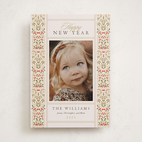 This is a original photo christmas cards with standard by leslie hamer called ornate scroll printing on recycled smooth signature in standard