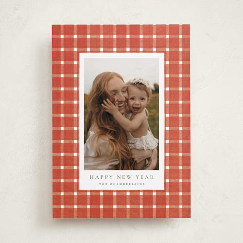 This is a santa suit photo christmas cards with standard by Wildfield Paper Co called gingham plaid printing on recycled smooth signature in standard
