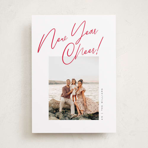 This is a cranberry photo christmas cards with standard by Pixel and Hank called joy the the world scripted printing on recycled smooth signature in standard