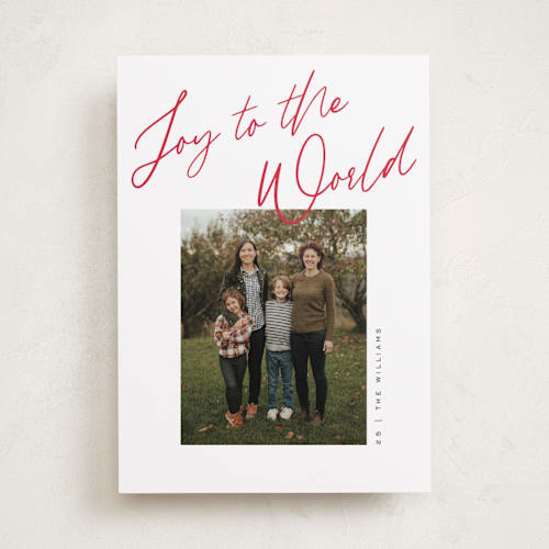 This is a cranberry photo christmas cards with standard by Pixel and Hank called joy the the world scripted printing on recycled smooth signature in standard