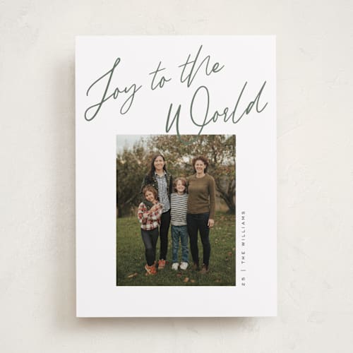 This is a pine photo christmas cards with standard by Pixel and Hank called joy the the world scripted printing on recycled smooth signature in standard