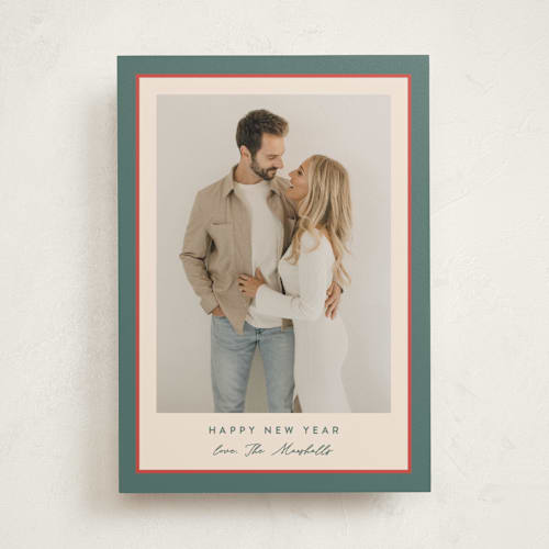 This is a holly sprig photo christmas cards with standard by Carolyn MacLaren called ribbon frame printing on recycled smooth signature in standard