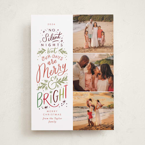 This is a festive photo christmas cards with standard by Alethea and Ruth called no silent nights printing on recycled smooth signature in standard