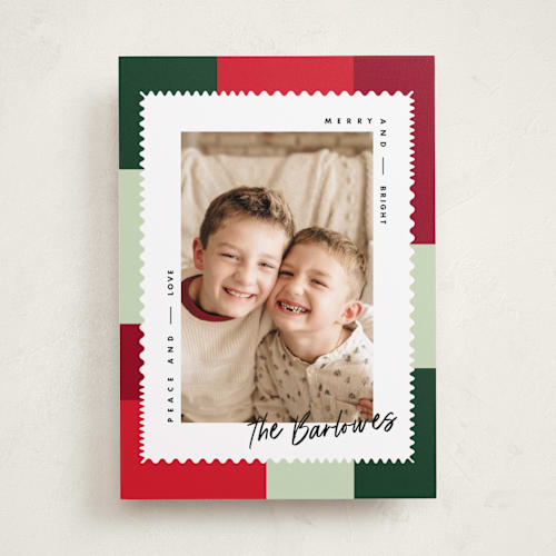 This is a poinsettia photo christmas cards with standard by Owl and Toad called modern quilt printing on recycled smooth signature in standard