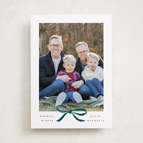 This is a blue velvet photo christmas cards with standard by Olivia Kanaley Inman called crimson bow printing on recycled smooth signature in standard