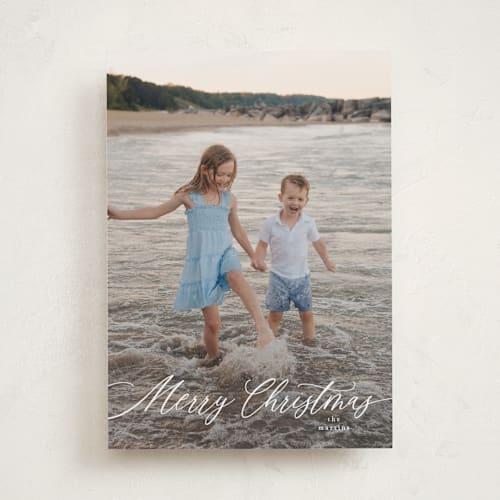 This is a snow photo christmas cards with standard by Kelly Schmidt called scripted merry christmas printing on recycled smooth signature in standard