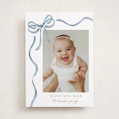 This is a blueberry photo christmas cards with standard by Jackie Crawford called watercolor bow printing on recycled smooth signature in standard