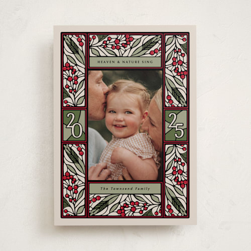 This is a garland photo christmas cards with standard by Thomas Ward called teaberry stained glass printing on recycled smooth signature in standard