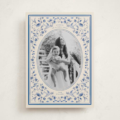 This is a porcelain photo christmas cards with standard by Sabrin Deirani called peaceful blooms in blue printing on recycled smooth signature in standard