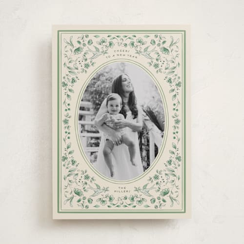 This is a evergreen photo christmas cards with standard by Sabrin Deirani called peaceful blooms in blue printing on recycled smooth signature in standard