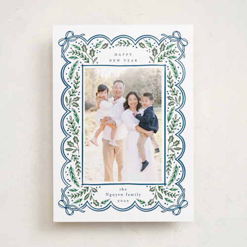 This is a navy photo christmas cards with standard by Alethea and Ruth called bow corners printing on recycled smooth signature in standard