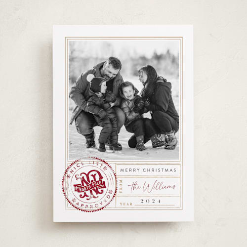 This is a cranberry photo christmas cards with standard by Robert and Stella called north pole approved printing on recycled smooth signature in standard