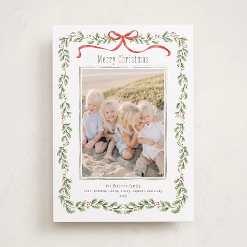This is a candy cane photo christmas cards with standard by Paula Pecevich called holly garland and bow printing on recycled smooth signature in standard