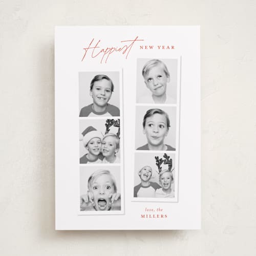This is a ruby photo christmas cards with standard by Sarah Curry called joyful photo strips printing on recycled smooth signature in standard