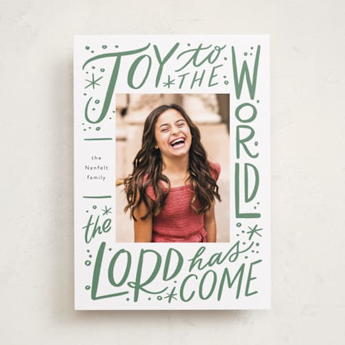 This is a evergreen photo christmas cards with standard by Alethea and Ruth called joy to the world lettering printing on recycled smooth signature in standard