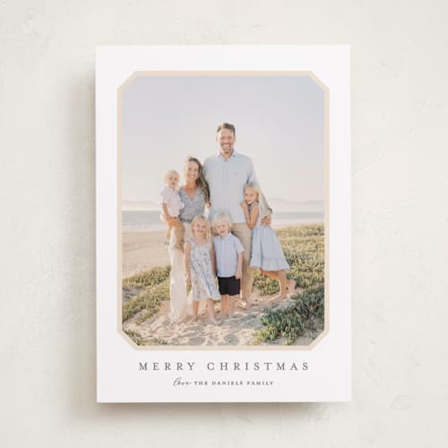 This is a buttercream photo christmas cards with standard by Carolyn MacLaren called vintage bevel printing on recycled smooth signature in standard
