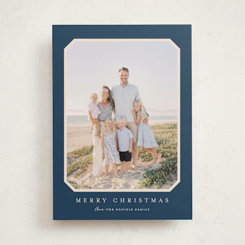 This is a navy photo christmas cards with standard by Carolyn MacLaren called vintage bevel printing on recycled smooth signature in standard